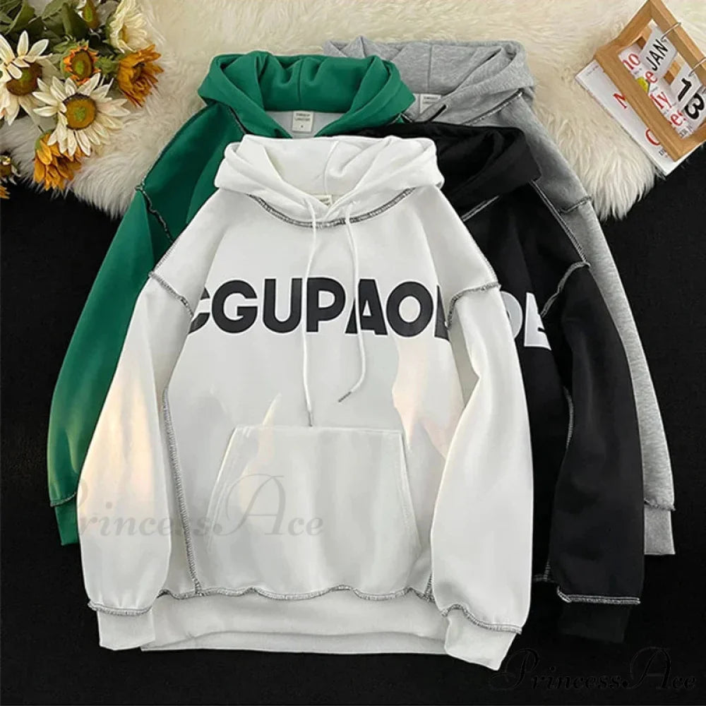 Fall Correspondence Print Baggy Fleece Hoodie