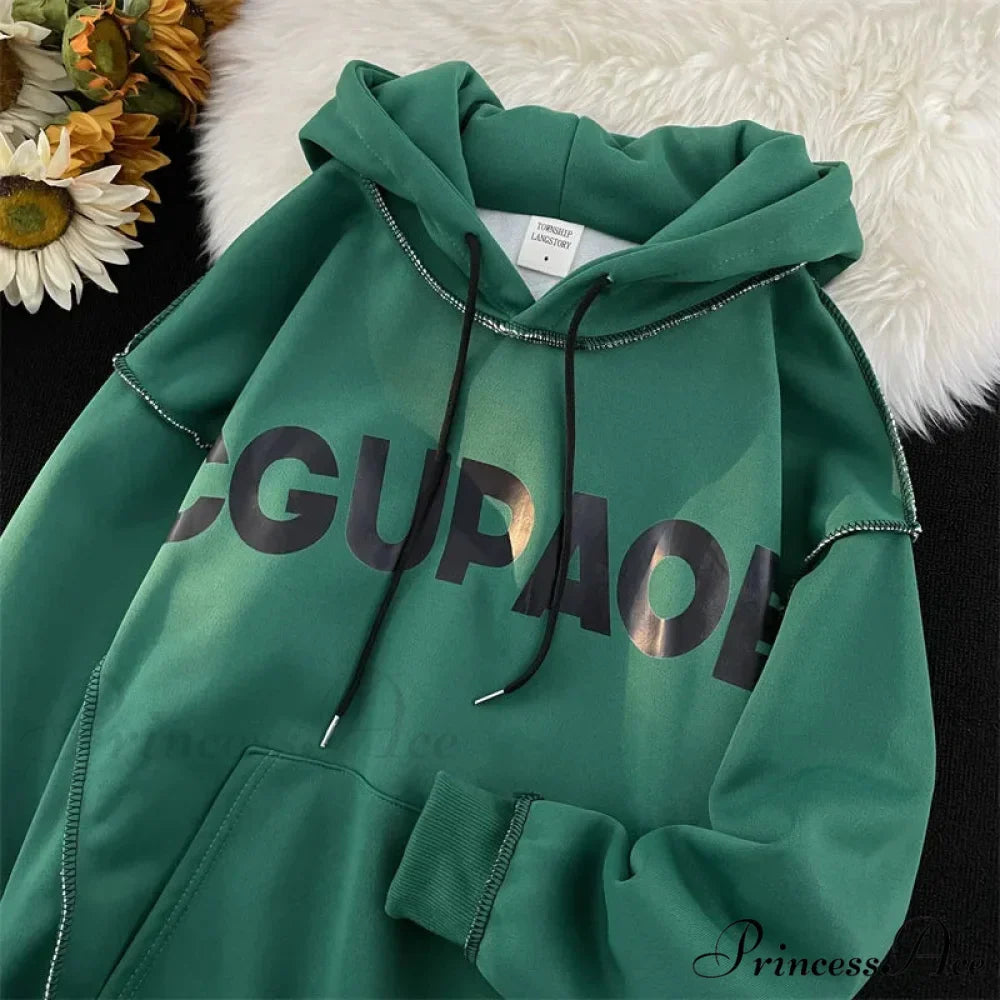 Fall Correspondence Print Baggy Fleece Hoodie