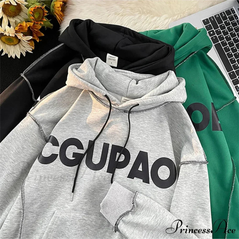 Fall Correspondence Print Baggy Fleece Hoodie
