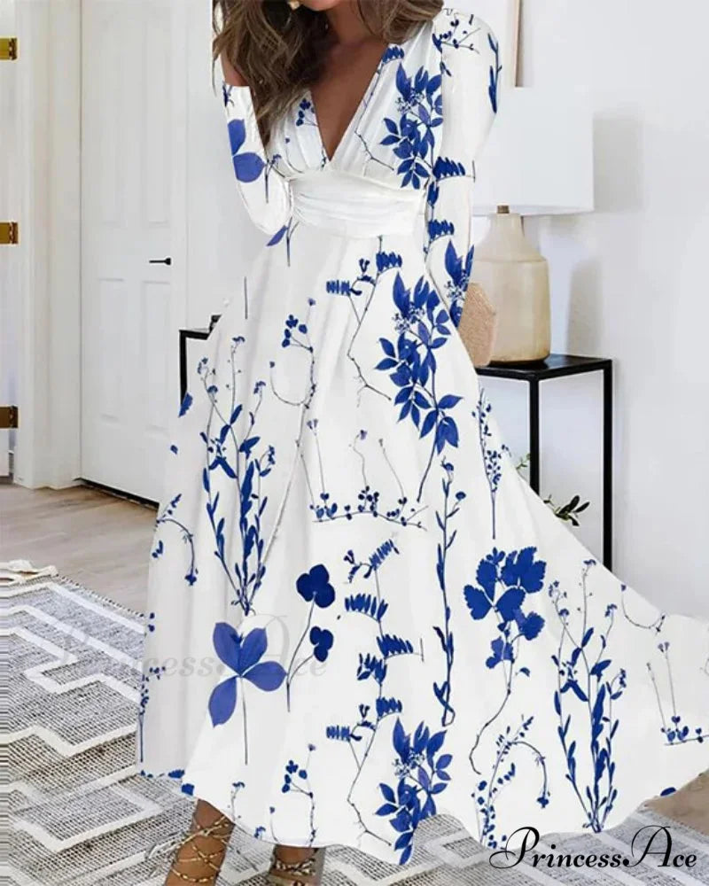 Fall Deep V-neck Blossom Pattern Long Floral Dress