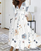 Fall Deep V-neck Blossom Pattern Long Floral Dress