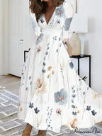 Fall Deep V-neck Blossom Pattern Long Floral Dress
