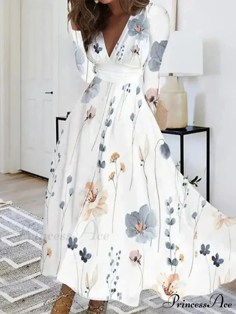 Fall Deep V-neck Blossom Pattern Long Floral Dress