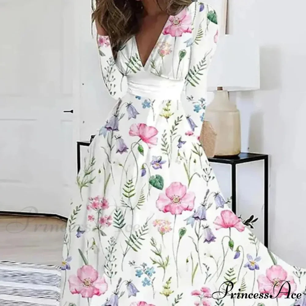 Fall Deep V-neck Blossom Pattern Long Floral Dress
