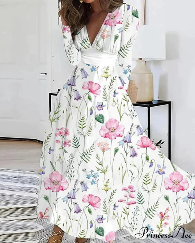 Fall Deep V-neck Blossom Pattern Long Floral Dress