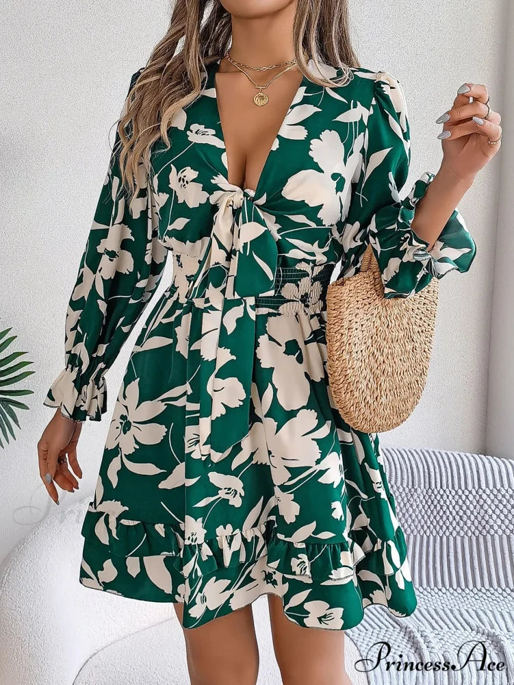 Fall Flounced Sleeve Flowered Dress