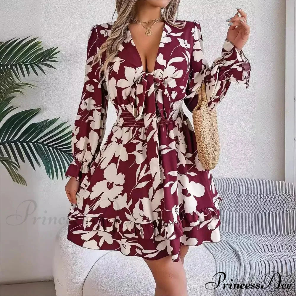 Fall Flounced Sleeve Flowered Dress