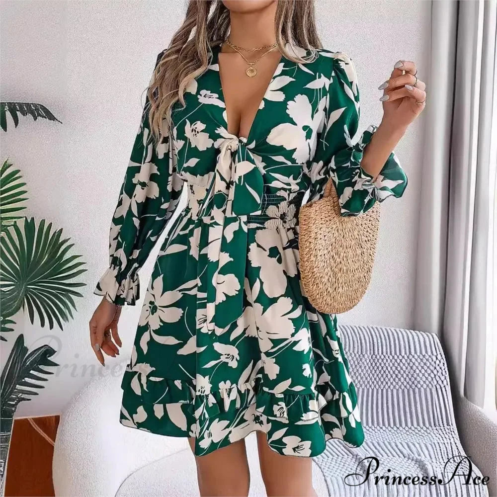 Fall Flounced Sleeve Flowered Dress