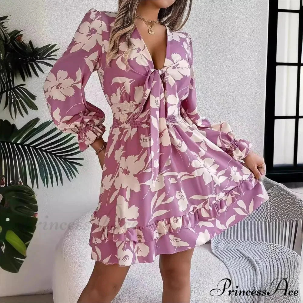Fall Flounced Sleeve Flowered Dress