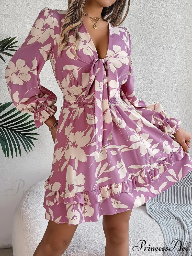 Fall Flounced Sleeve Flowered Dress