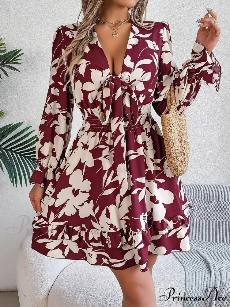 Fall Flounced Sleeve Flowered Dress