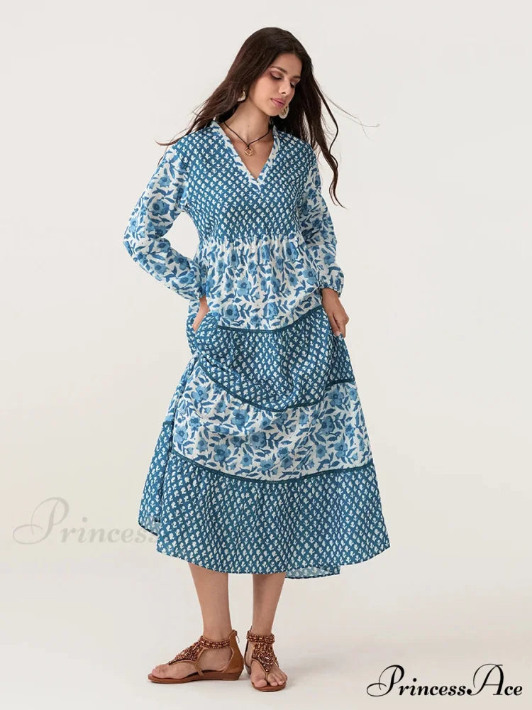 Fall Flower Long Sleeve V-Neck Loose A-Line Flower Dress