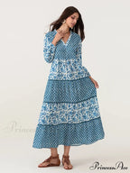 Fall Flower Long Sleeve V-Neck Loose A-Line Flower Dress