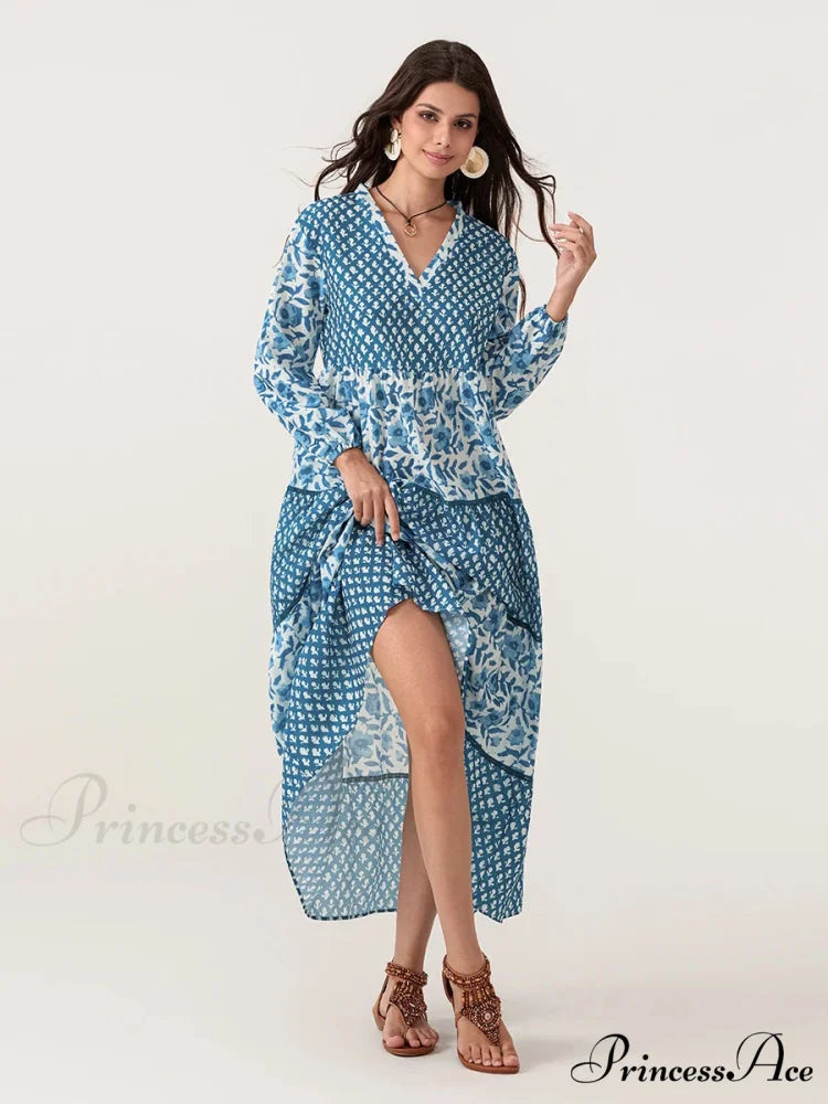 Fall Flower Long Sleeve V-Neck Loose A-Line Flower Dress