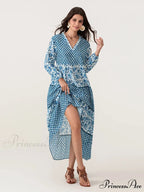 Fall Flower Long Sleeve V-Neck Loose A-Line Flower Dress