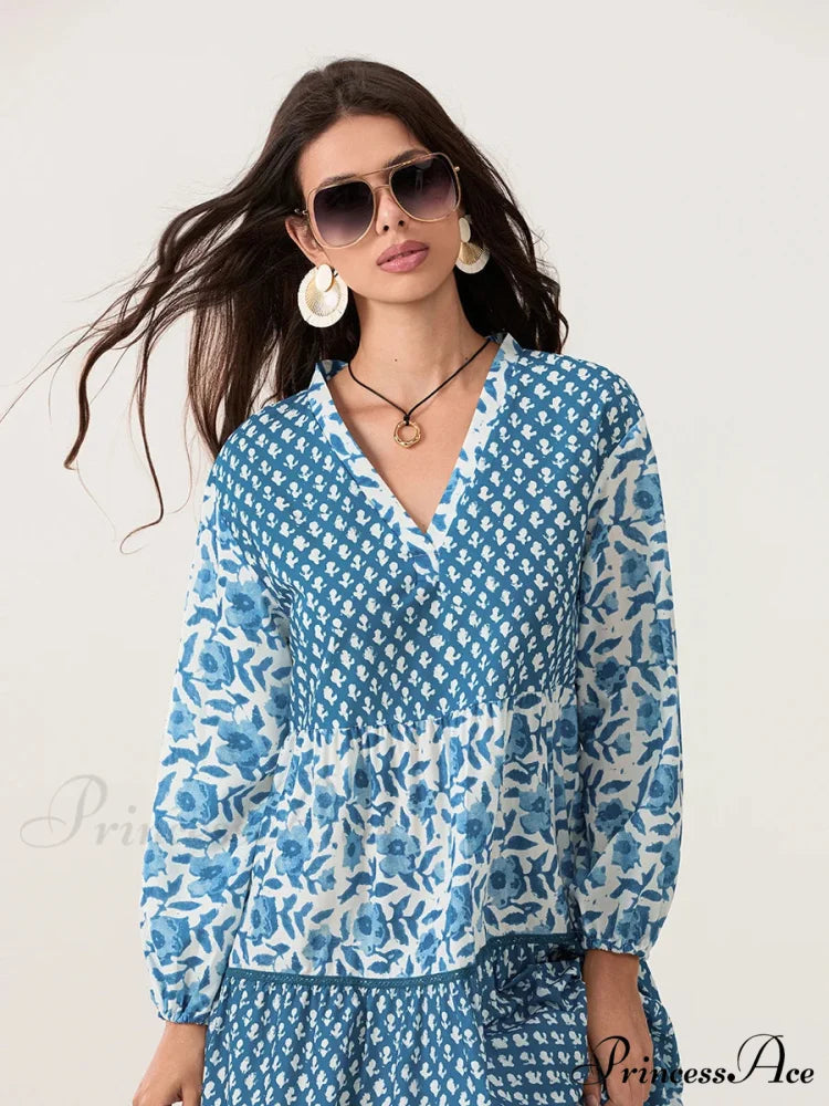 Fall Flower Long Sleeve V-Neck Loose A-Line Flower Dress