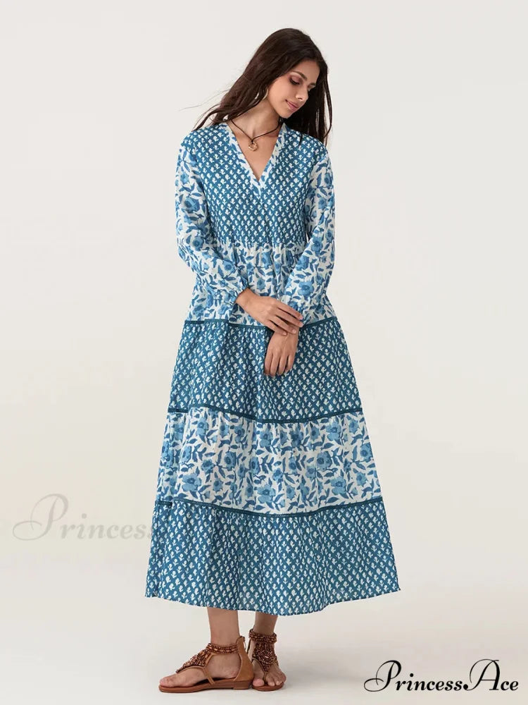 Fall Flower Long Sleeve V-Neck Loose A-Line Flower Dress