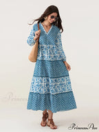 Fall Flower Long Sleeve V-Neck Loose A-Line Flower Dress