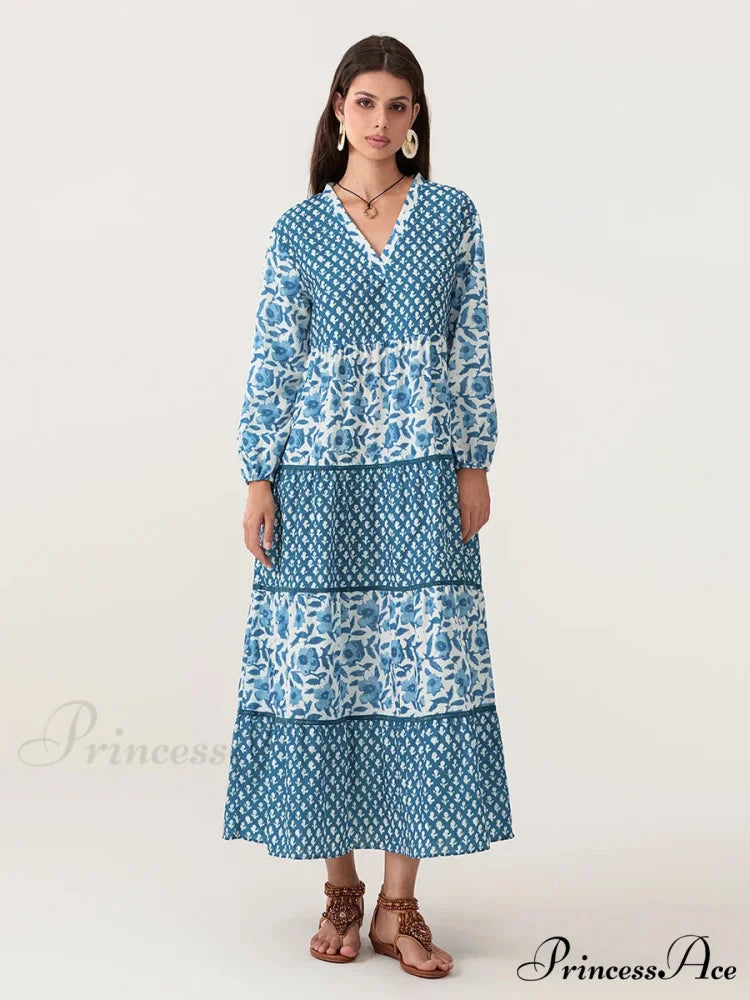 Fall Flower Long Sleeve V-Neck Loose A-Line Flower Dress