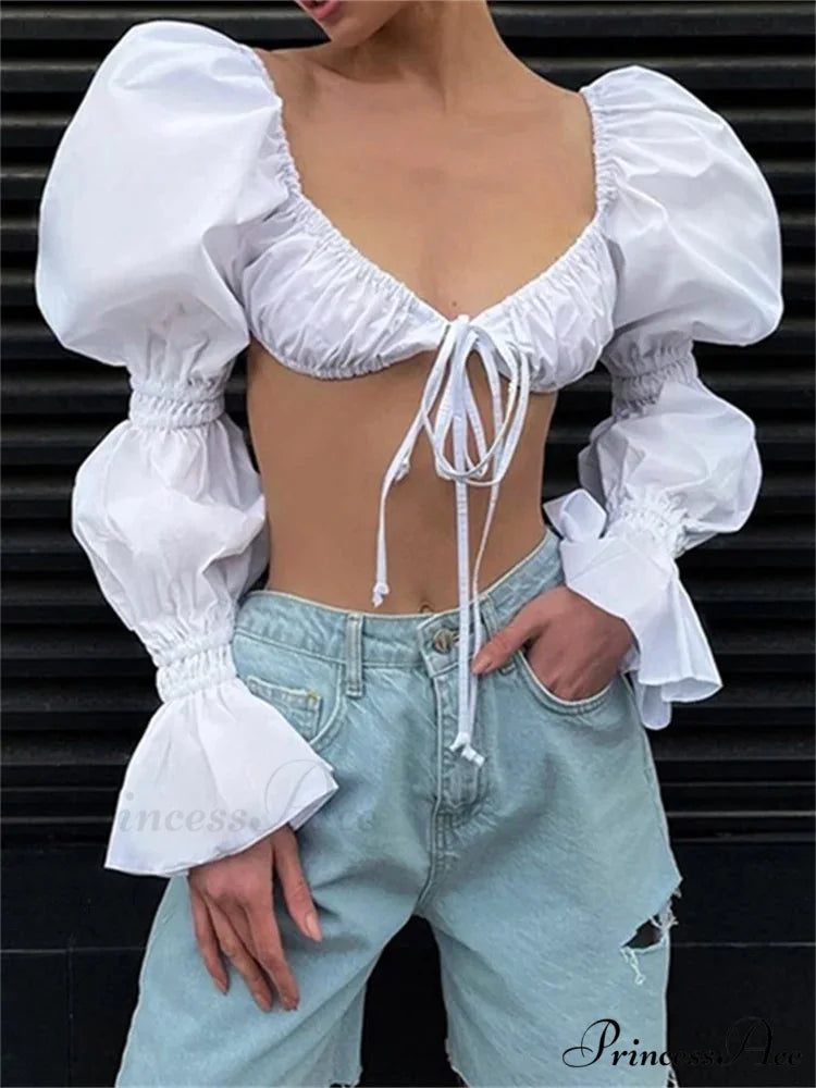 Fall Fluffy Long Sleeve Square Neck Tie-up Blouse