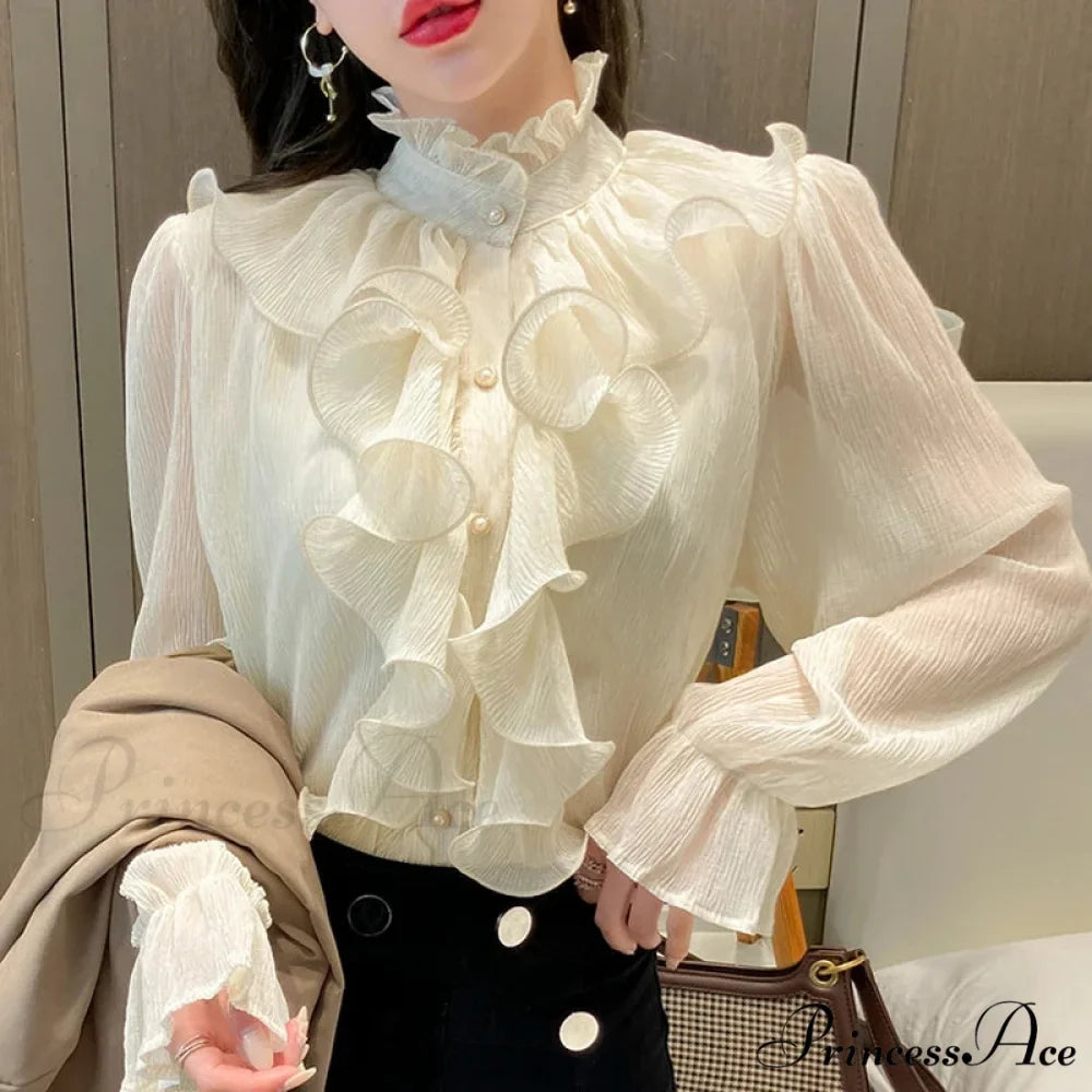 Fall Frilled Lace Chiffon High Neck Blouse