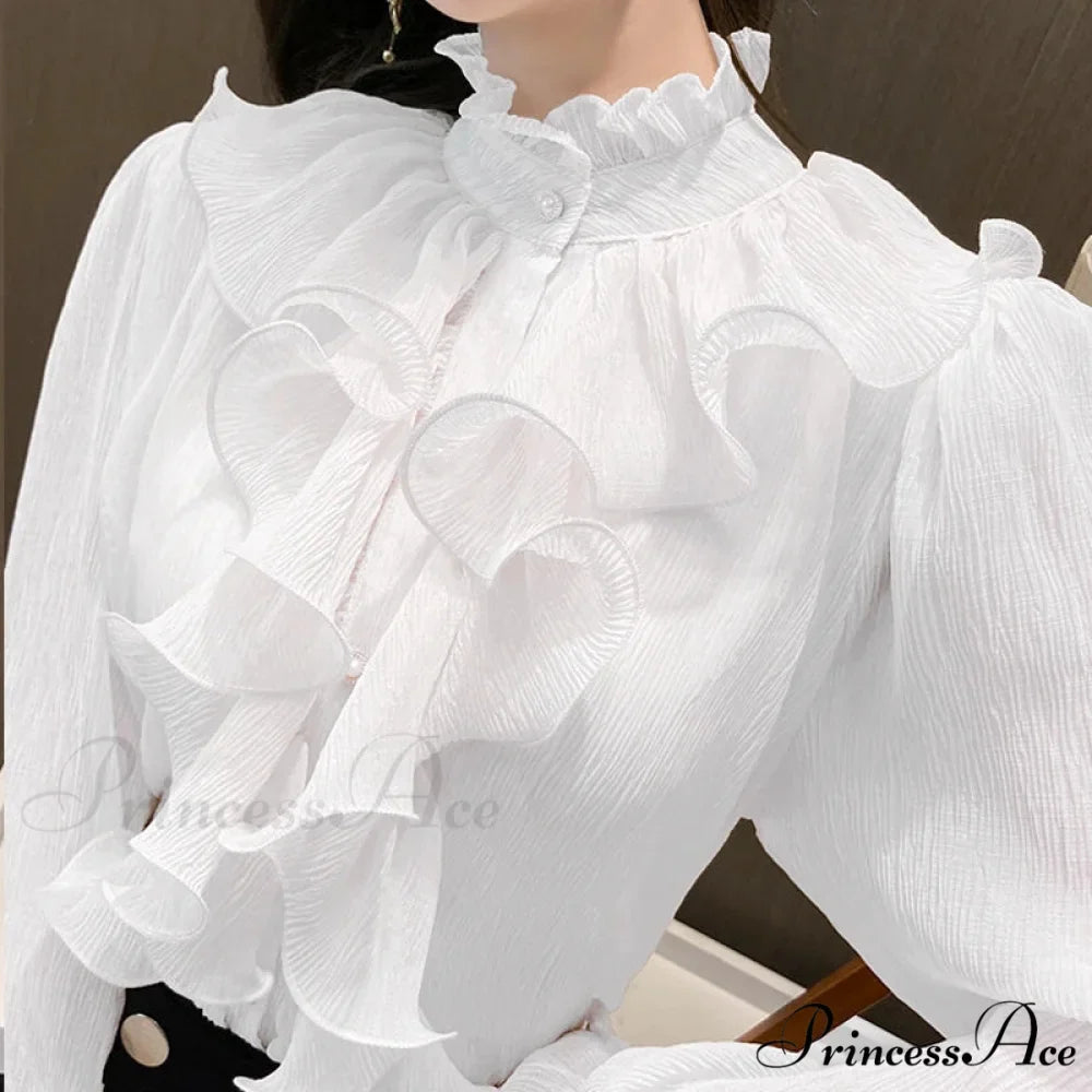 Fall Frilled Lace Chiffon High Neck Blouse
