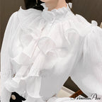 Fall Frilled Lace Chiffon High Neck Blouse