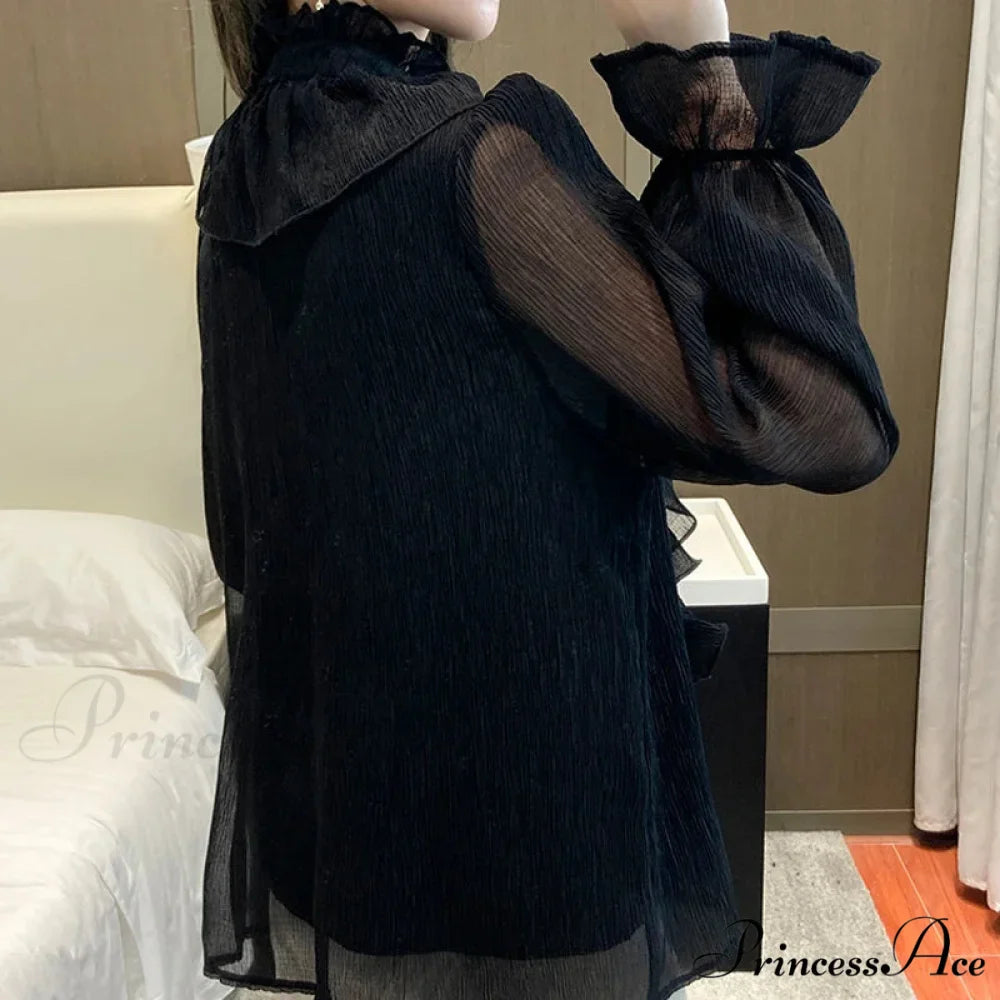 Fall Frilled Lace Chiffon High Neck Blouse