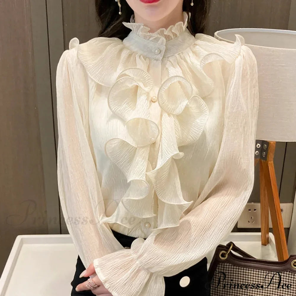 Fall Frilled Lace Chiffon High Neck Blouse