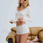 Fall Lace Trim V Neck Crop Top Informal Shorts Two Pieces Set