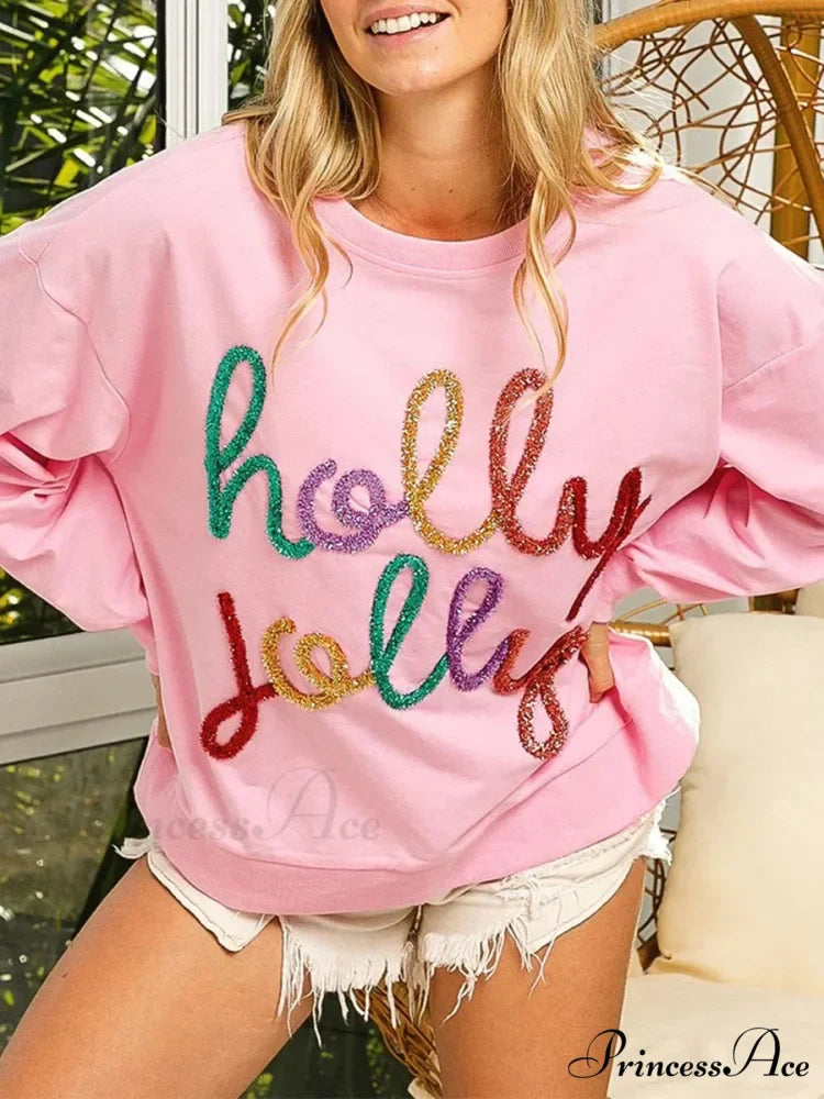 Fall Sequin Letter Pattern Long Sleeve Round Neck Loose Christmas Hoodie