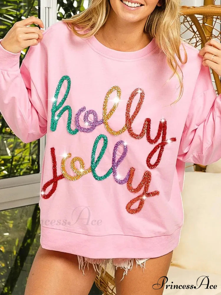 Fall Sequin Letter Pattern Long Sleeve Round Neck Loose Christmas Hoodie