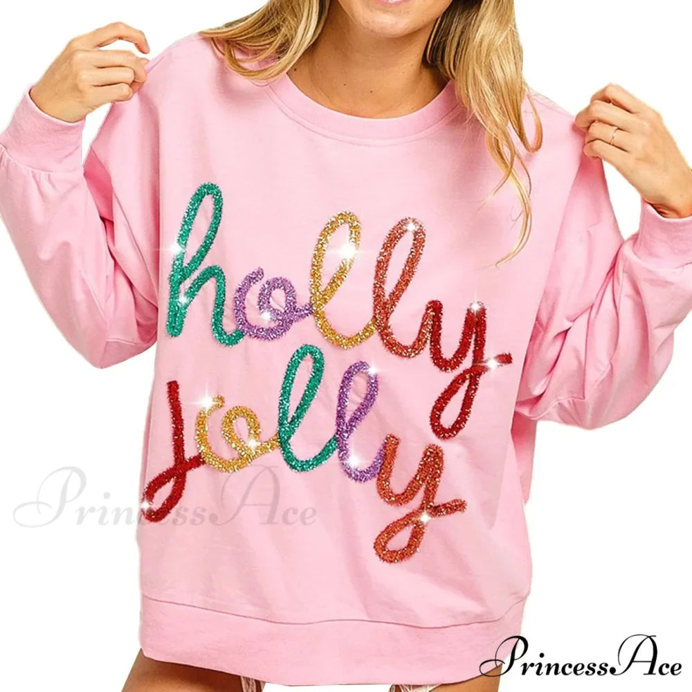 Fall Sequin Letter Pattern Long Sleeve Round Neck Loose Christmas Hoodie