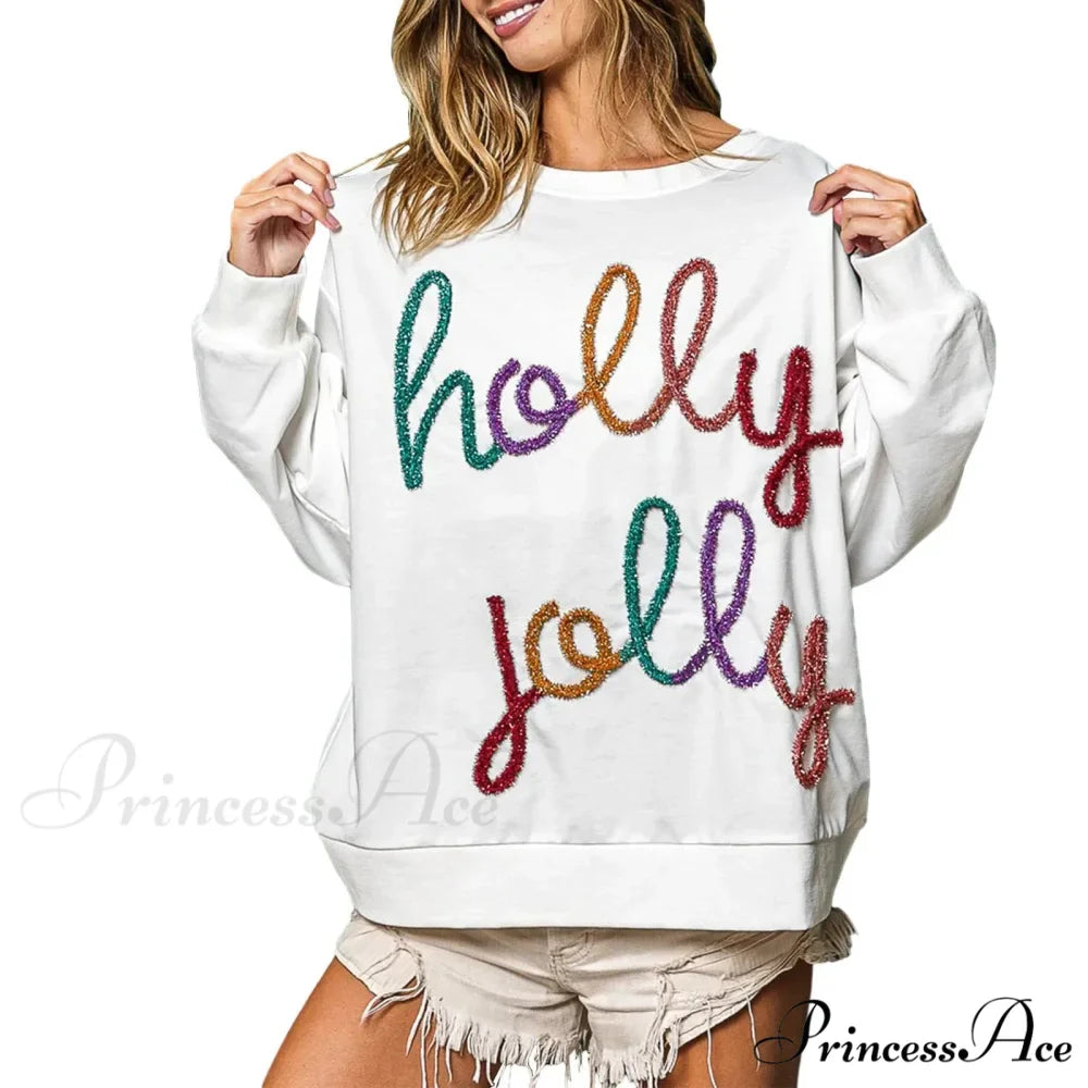 Fall Sequin Letter Pattern Long Sleeve Round Neck Loose Christmas Hoodie