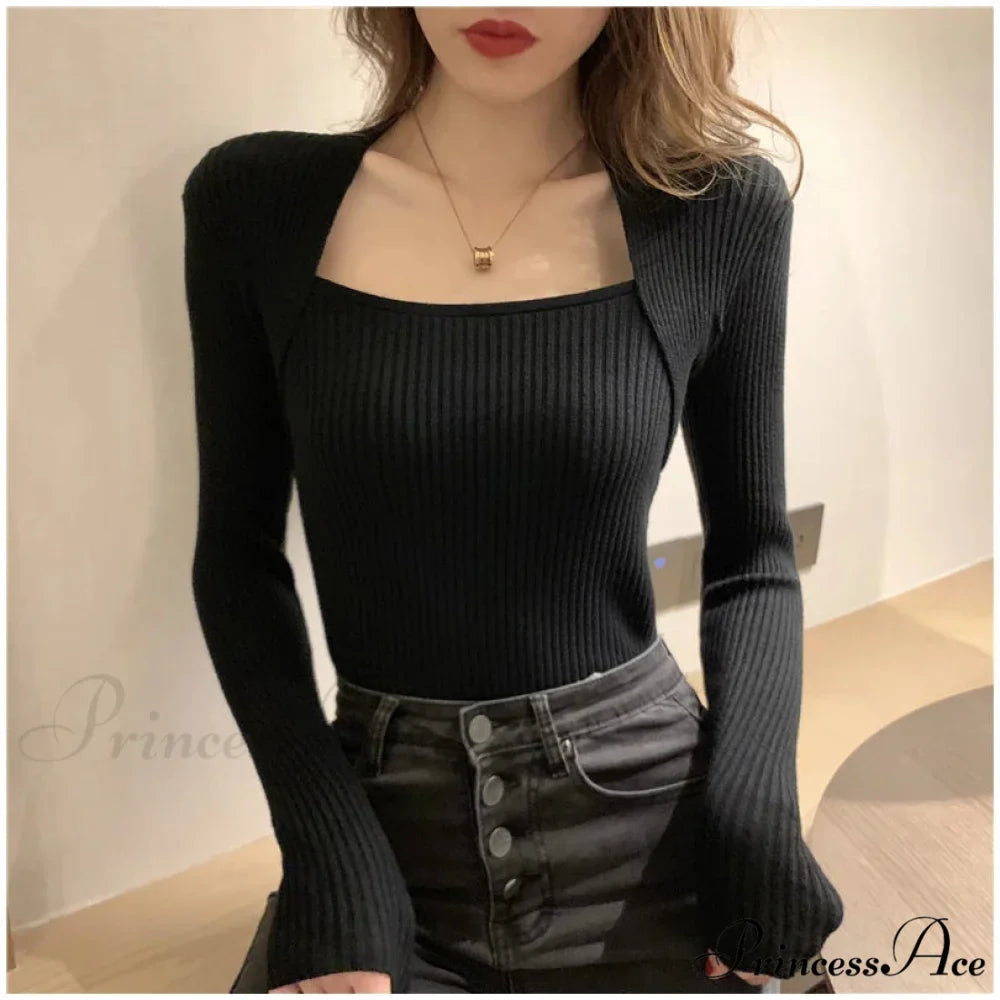 Fall Winter Square Shawl Neckline Pullover Seductive Knit Top