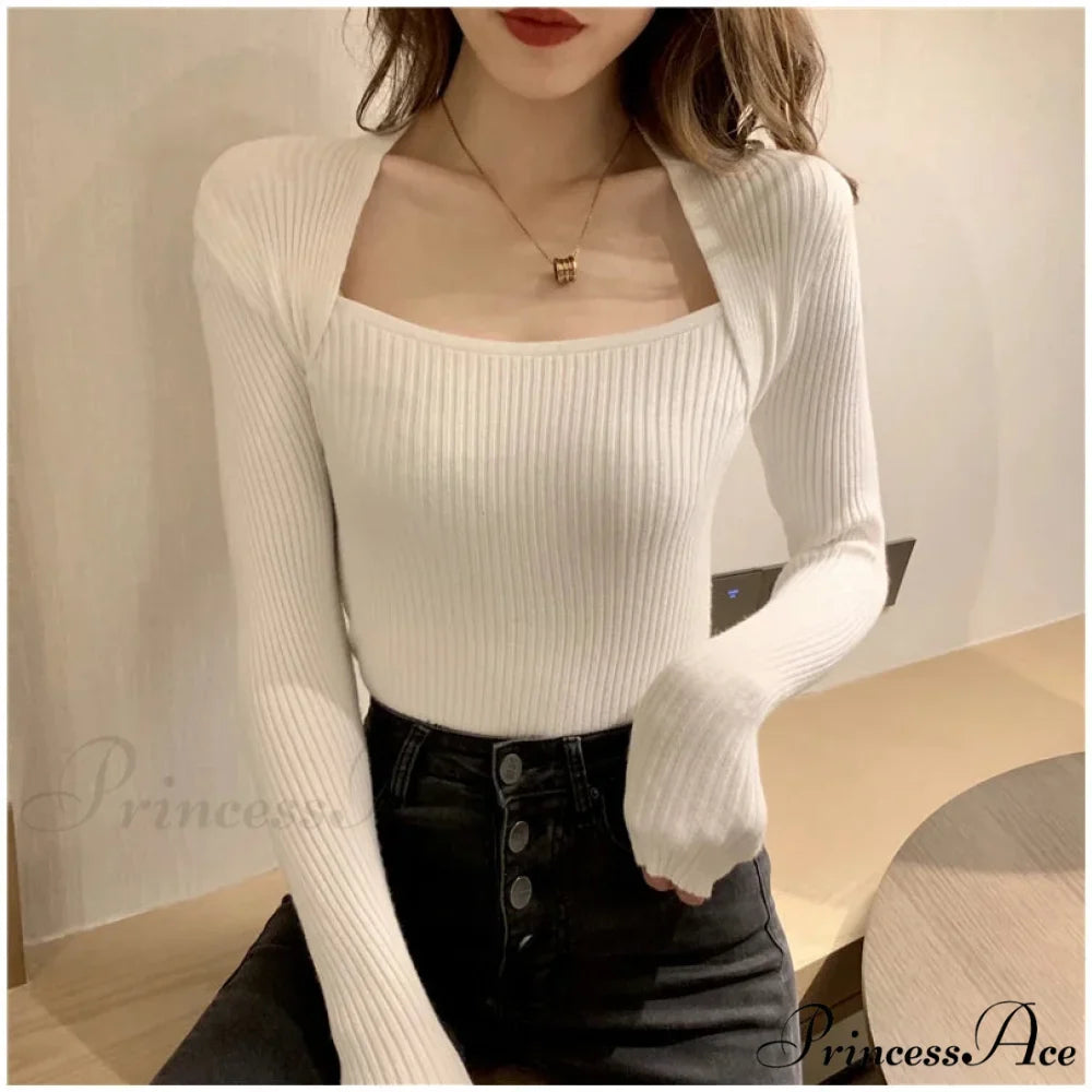 Fall Winter Square Shawl Neckline Pullover Seductive Knit Top