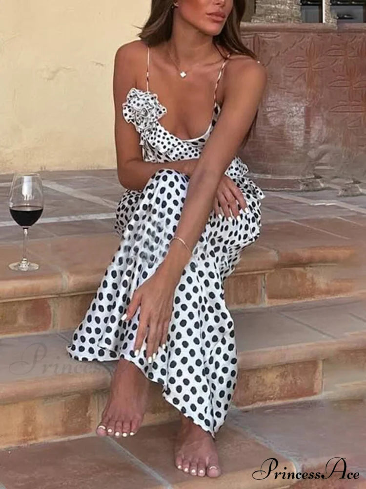 Fantasy Polka Dot Print Graceful Guipure Ruffled Suspender Maxi Dress