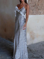 Fantasy Polka Dot Print Graceful Guipure Ruffled Suspender Maxi Dress