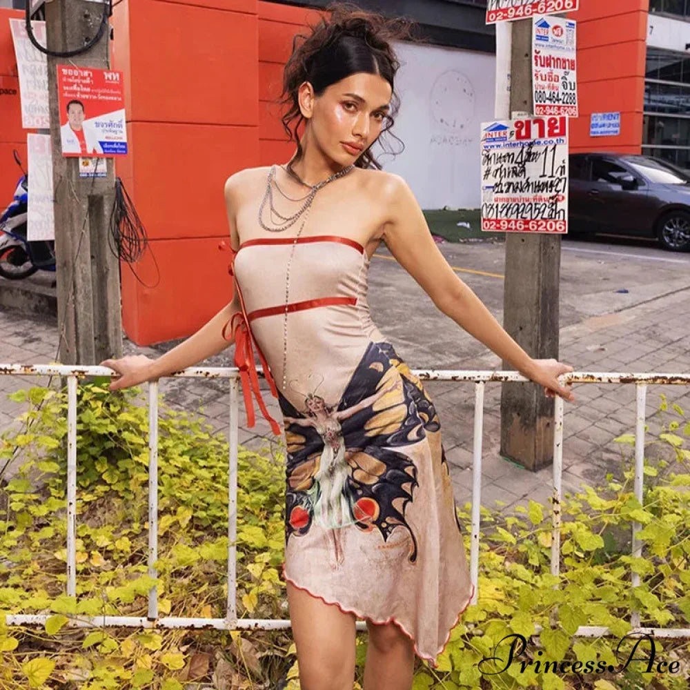 Fashion Butterfly Print Sexy Strapless Mini Dress
