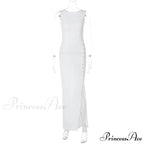 Fashion Button Knitted Sleeveless Slit Summer Elegant Solid Vestido Midi Dress