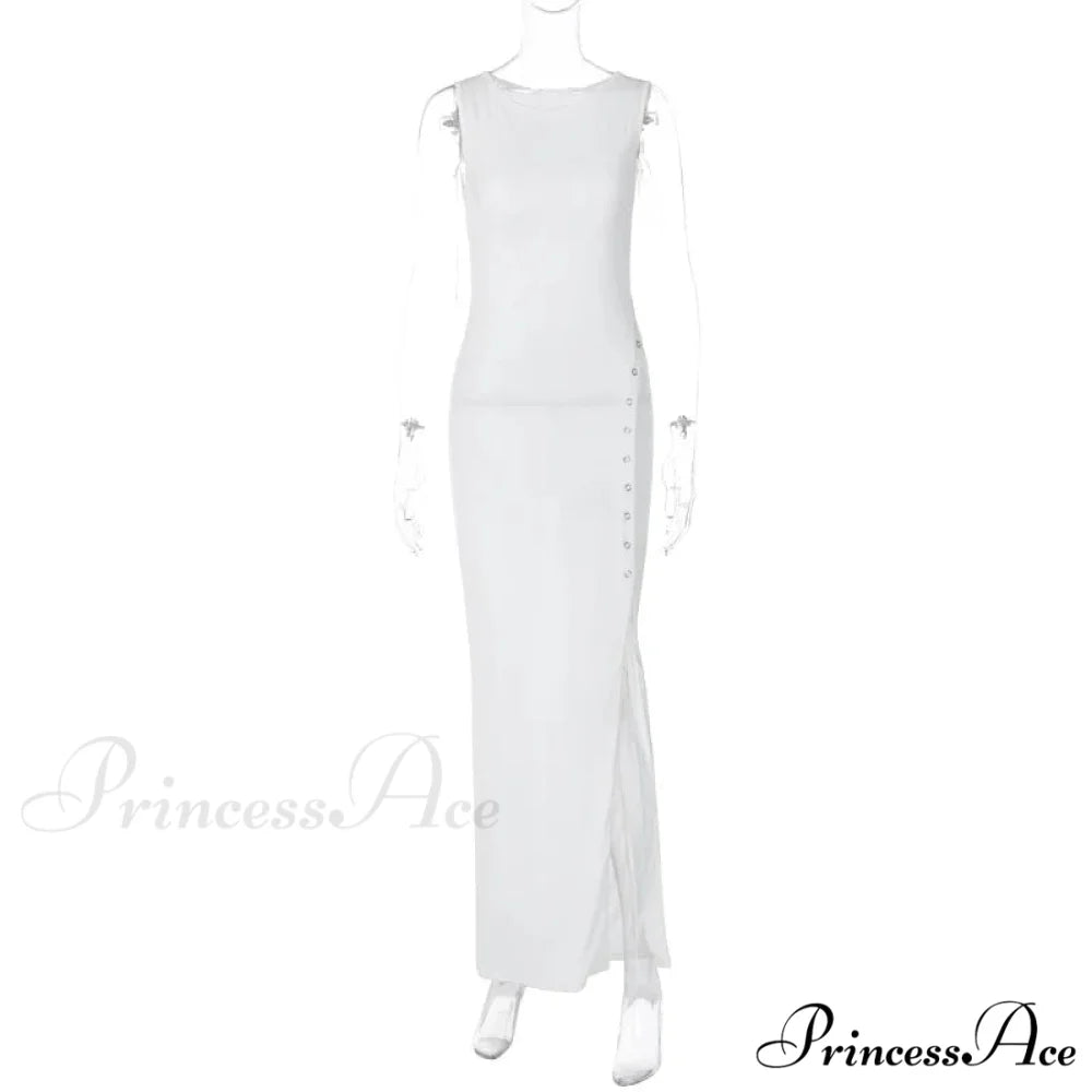 Fashion Button Knitted Sleeveless Slit Summer Elegant Solid Vestido Midi Dress