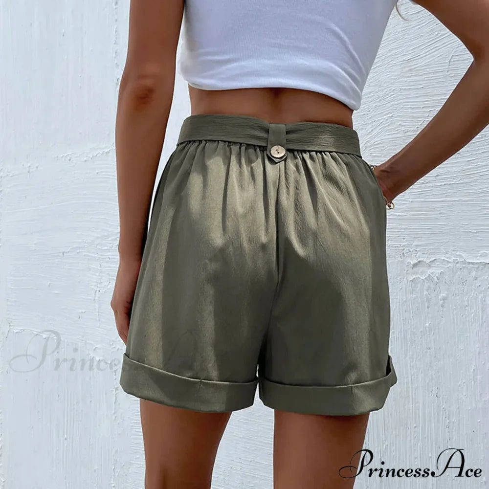 Fashion Casual Basic Summer New Casual Green Female With Belt Short