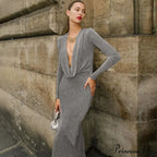 Fashion Club Draped Silk Long Sleeve Maxi Dress