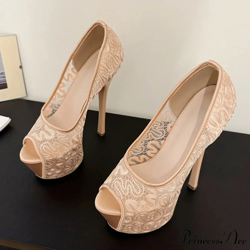 Fashion Design Embroidery Mesh Platform Pumps Slingback Shallow Peep-Toe Pink High-Heels Wedding High Heel