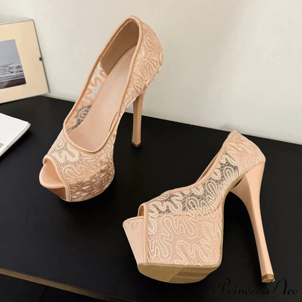 Fashion Design Embroidery Mesh Platform Pumps Slingback Shallow Peep-Toe Pink High-Heels Wedding High Heel
