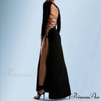 Fashion Fall Bandage Sleeve Backless Elegant Club Split Maxi Dress