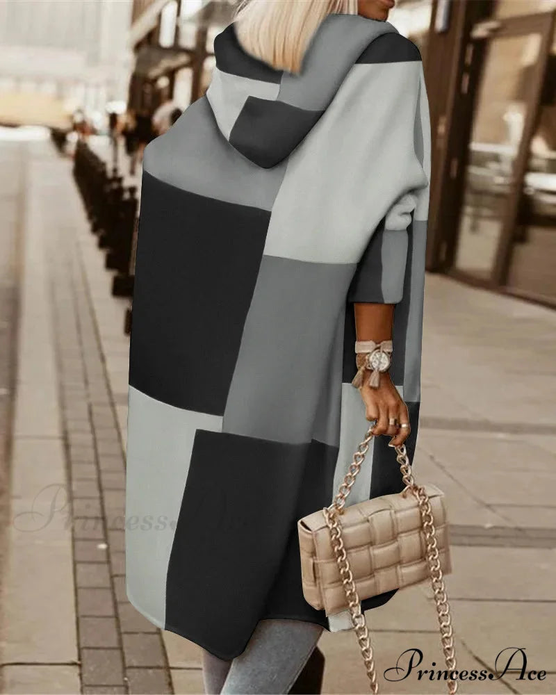 Fashion Geometric Print Long Sleeve Hooded Casual Loose Trench Stylish Coat