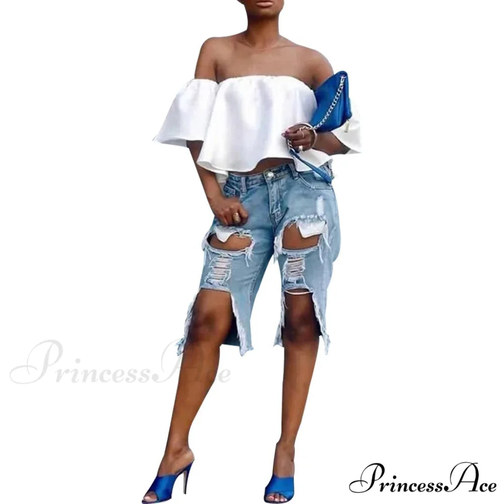 Fashion Holes Ripped Straight Denim Shorts Summer Streetwear Knee Length Women Shorts High Waist Casual Jean