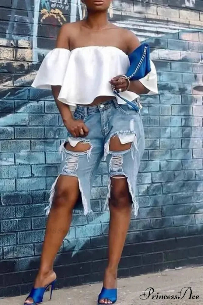 Fashion Holes Ripped Straight Denim Shorts Summer Streetwear Knee Length Women Shorts High Waist Casual Jean