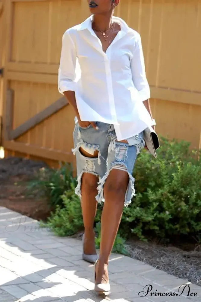 Fashion Holes Ripped Straight Denim Shorts Summer Streetwear Knee Length Women Shorts High Waist Casual Jean